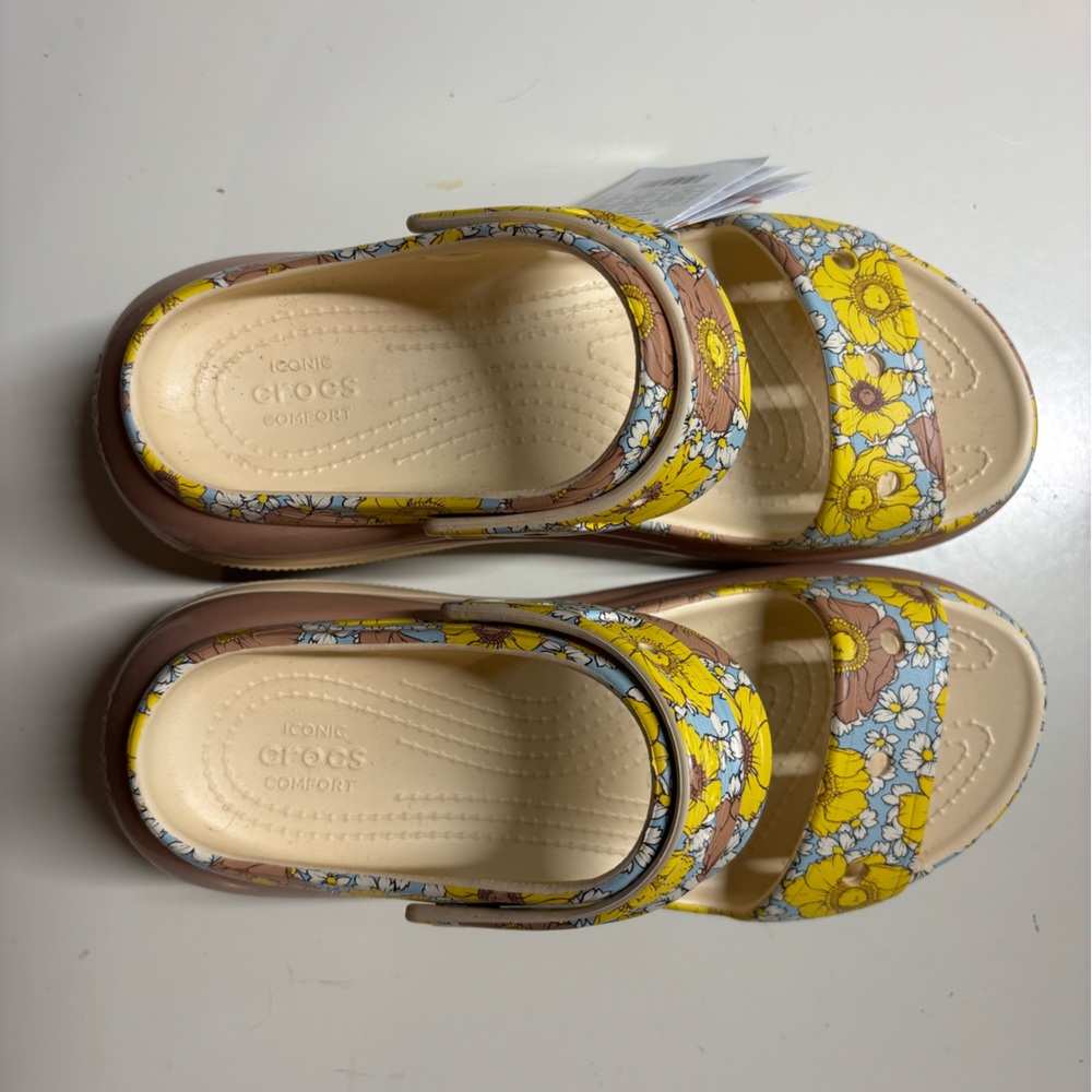 CROCS Mega Crush Yellow and Brown Floral Sandals NWT